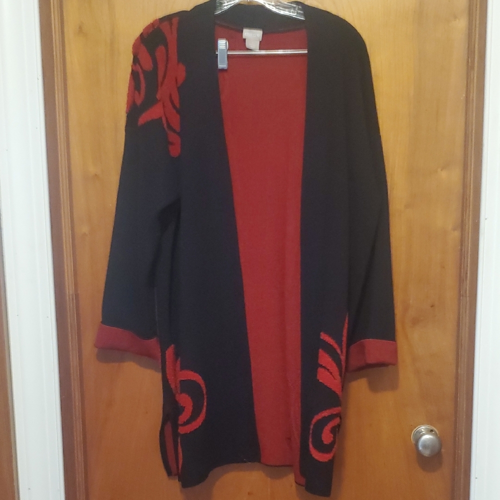 Chico's Black and Red Open Cardigan Has A Split Side Bottom Seam.